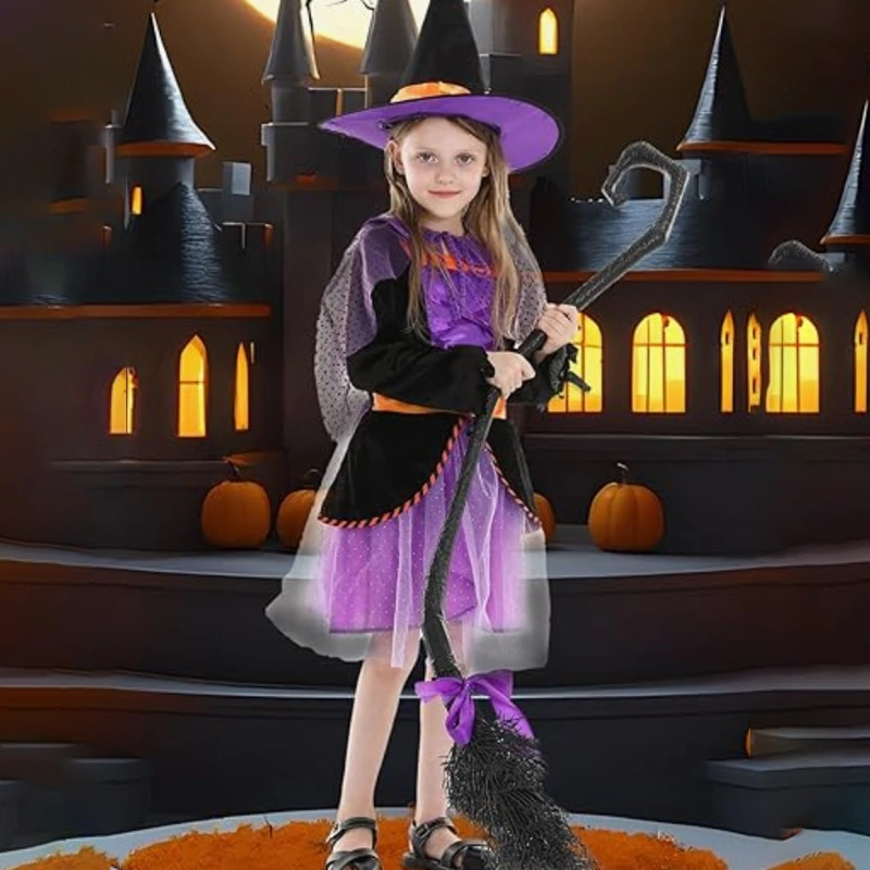 Trang phục phù thủy trẻ em diễu hành Halloween với áo choàng lấp lánh