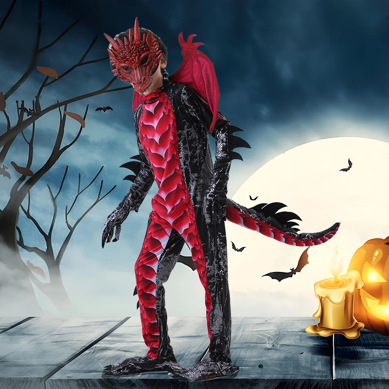 Chụp ảnh Halloween Trang phục hóa trang rồng đỏ và xanh cho trẻ em